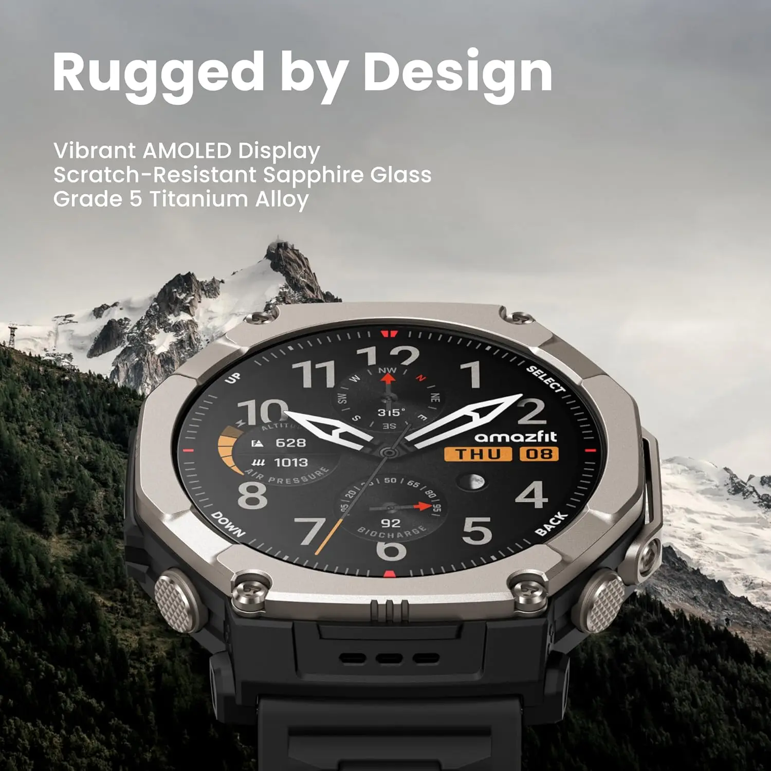 Amazfit T-Rex Ultra 2 Smartwatch para atividades ao ar livre, Corpo em titânio de 51 mm, Tela AMOLED de safira de 1,5'', GPS de banda dupla, Lanterna, 30 dias de bateria, Mapas offline, 10 ATM, 180+ modos esportivos