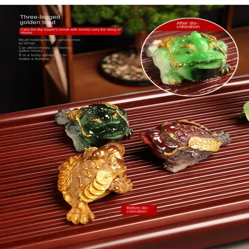 Gold Toad Tea Pet Red Resin Lucky Water Tea Pet Green Tray Color Changing Ornaments