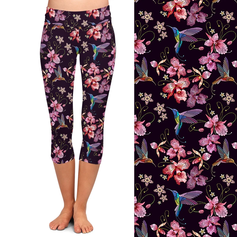 LETSFIND High Quaility 220gsm Milk Silk Birds and Orchid Print Capri Leggings High Waist Soft Stretch Leggings