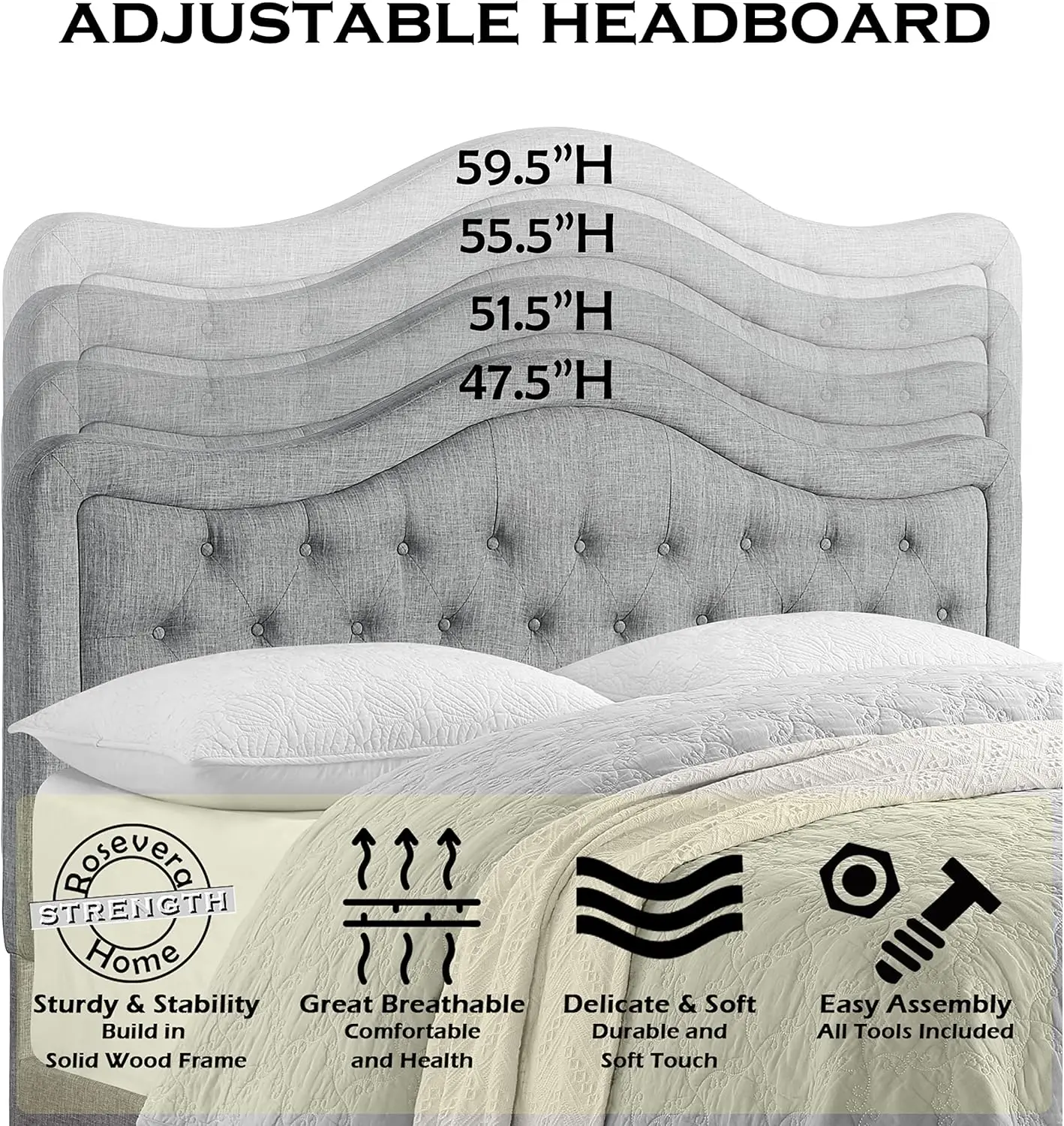 Niana Adjustable Headboard with Fine Linen Upholstery and Button Tufting for Bedroom, King, Wave Top Gray