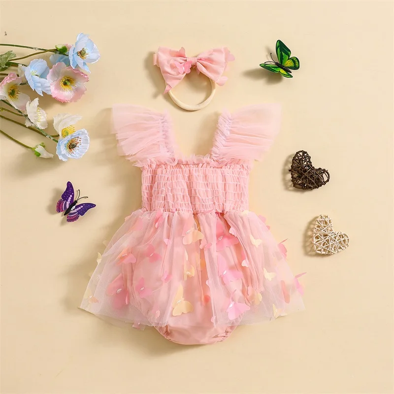 

VISgogo Baby Girl Summer 2Pcs Romper Dress Outfit Fly Sleeve Tulle Butterfly Romper Dress with Bow Headband Cute Outfits