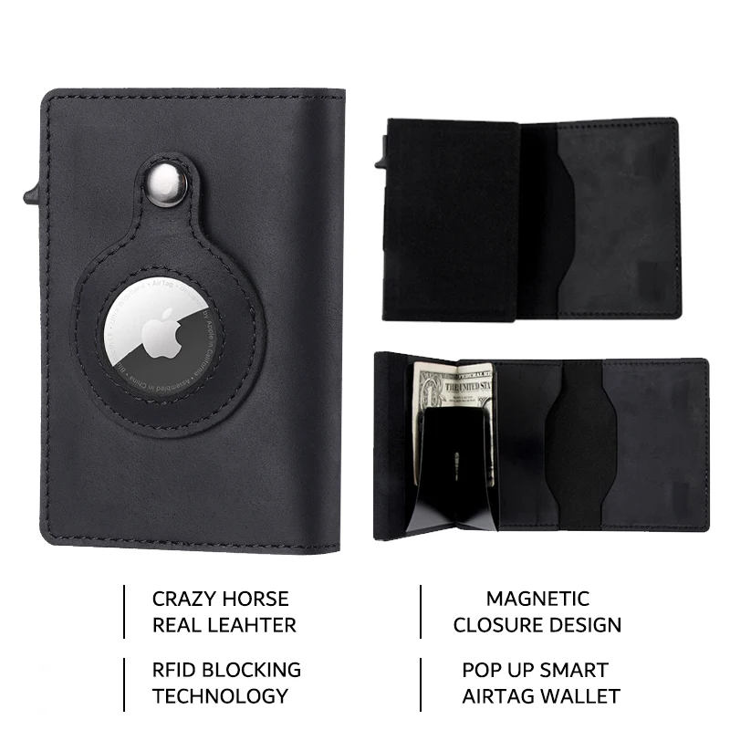 CASEKEY-cartera inteligente de cuero de vaca para hombre, tarjetero con cierre magnético, RFID, Crazy Horse, Pop-Up