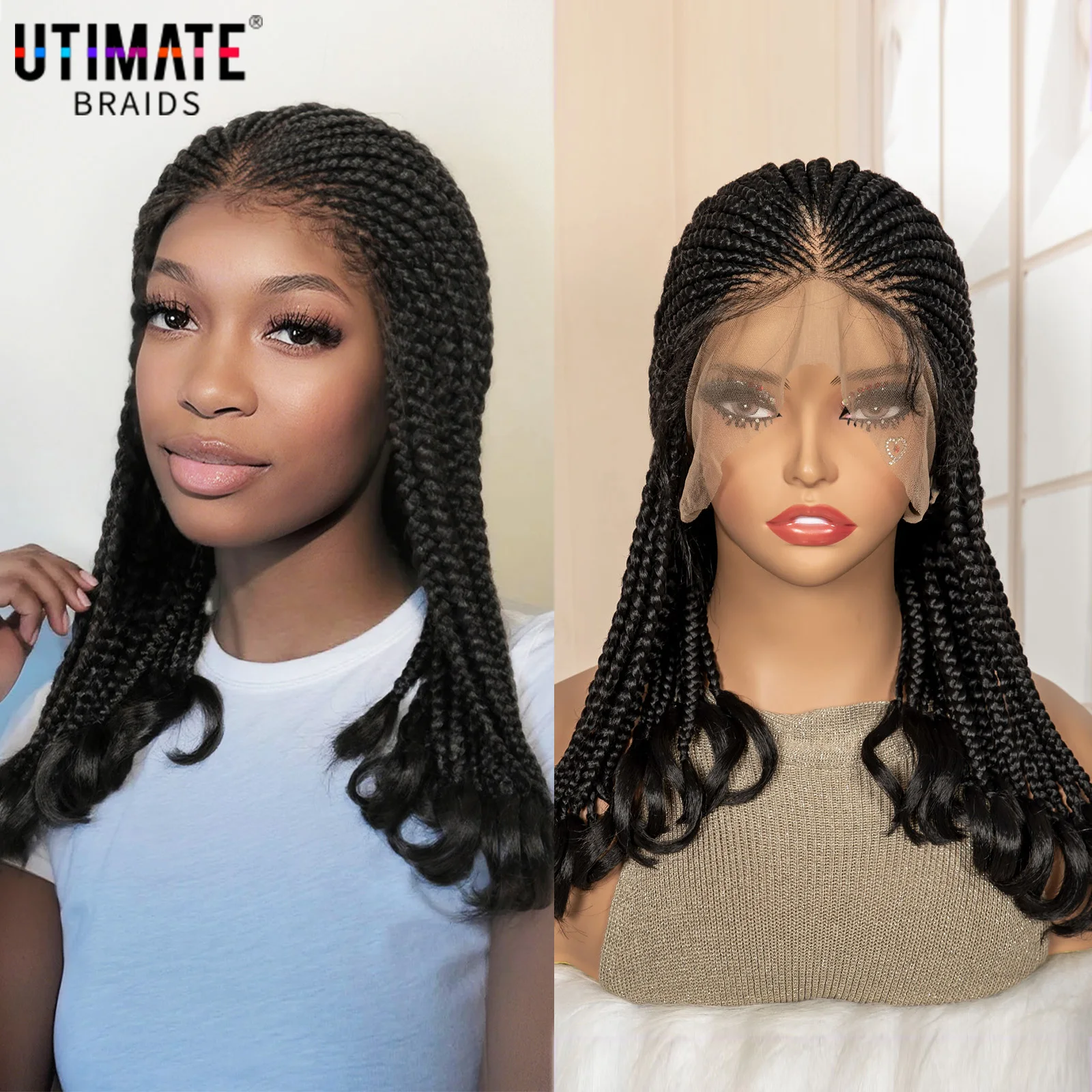 Full Lace Synthetic African Cornrow Braided Wigs for Black Women 18 Inches Lace Frontal Knotless Box Braiding Wigs with Wavy