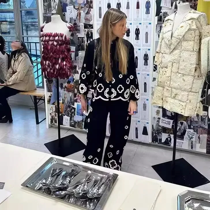2024 Spring Chic Hook Flower Hollow Out Women's Lace Pants Set Retro Lapel Long Lantern Sleeve Shirt Suit Lady Elegant Outfit