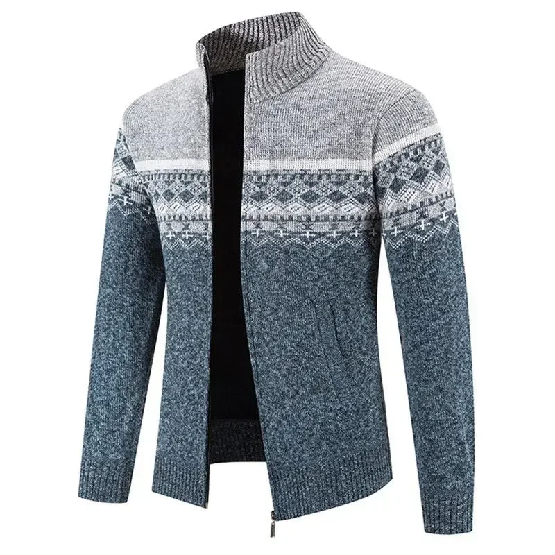 

Мужской кардиган с воротником-стойкой, трикотажная плюшевая рубашка с цветными блоками, верхняя одежда для зимы 2023