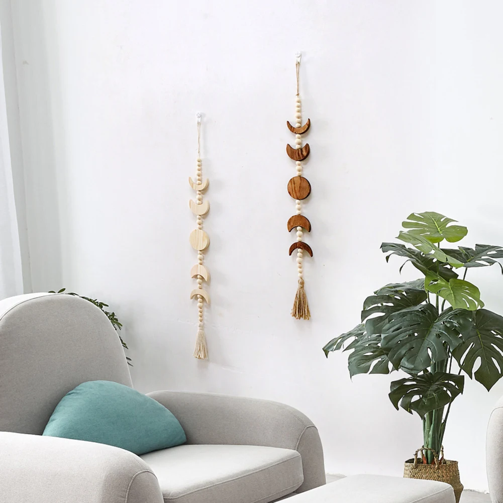 

Wood Beaded Moon Garland With Tassel Moon Cycle Wall Decoration Handmade Crafts Tassel Pendant For Home Decoration 2pcs