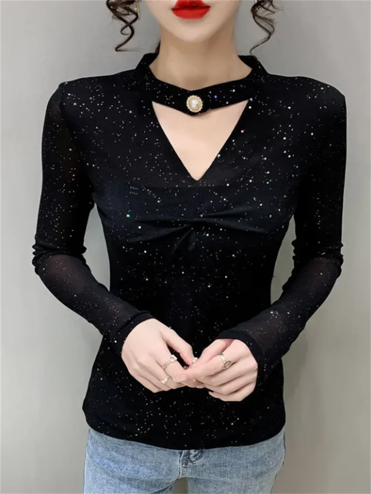 

Сетчатая футболка для женщин, новинка, высококачественный топ с V-образным вырезом и длинным рукавом, яркая женская футболка