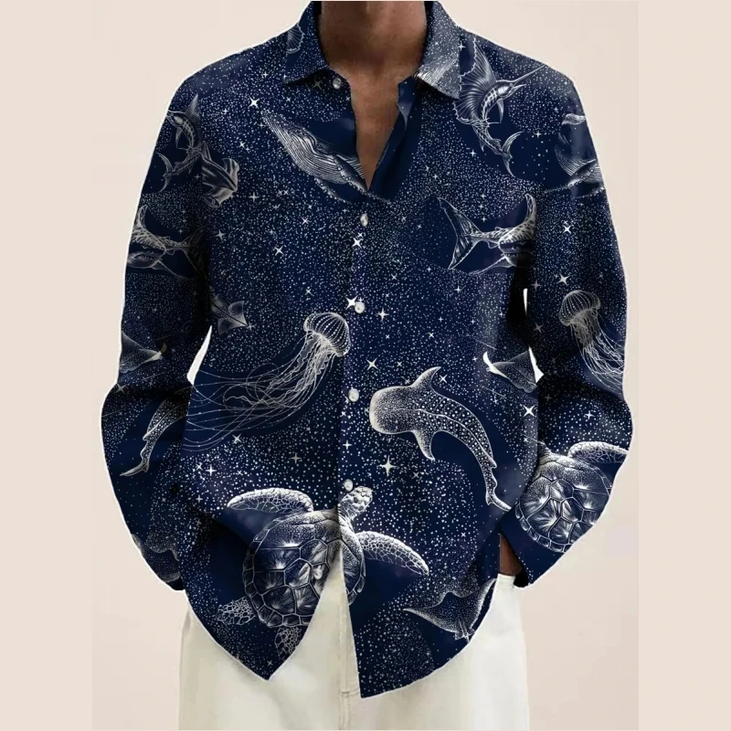 Fashion Long Sleeves Marine Life 3D Printed Lapel Retro Social Slim Fit Shirt Men Casual Streetwear Man Clothing Floral Blouse