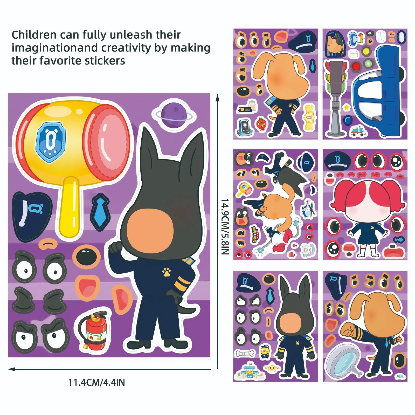 8 시트 만화 개 보안관 얼굴 만들기 퍼즐 스티커 어린이 DIY 게임 만들기 어린이 퍼즐 교육 장난감