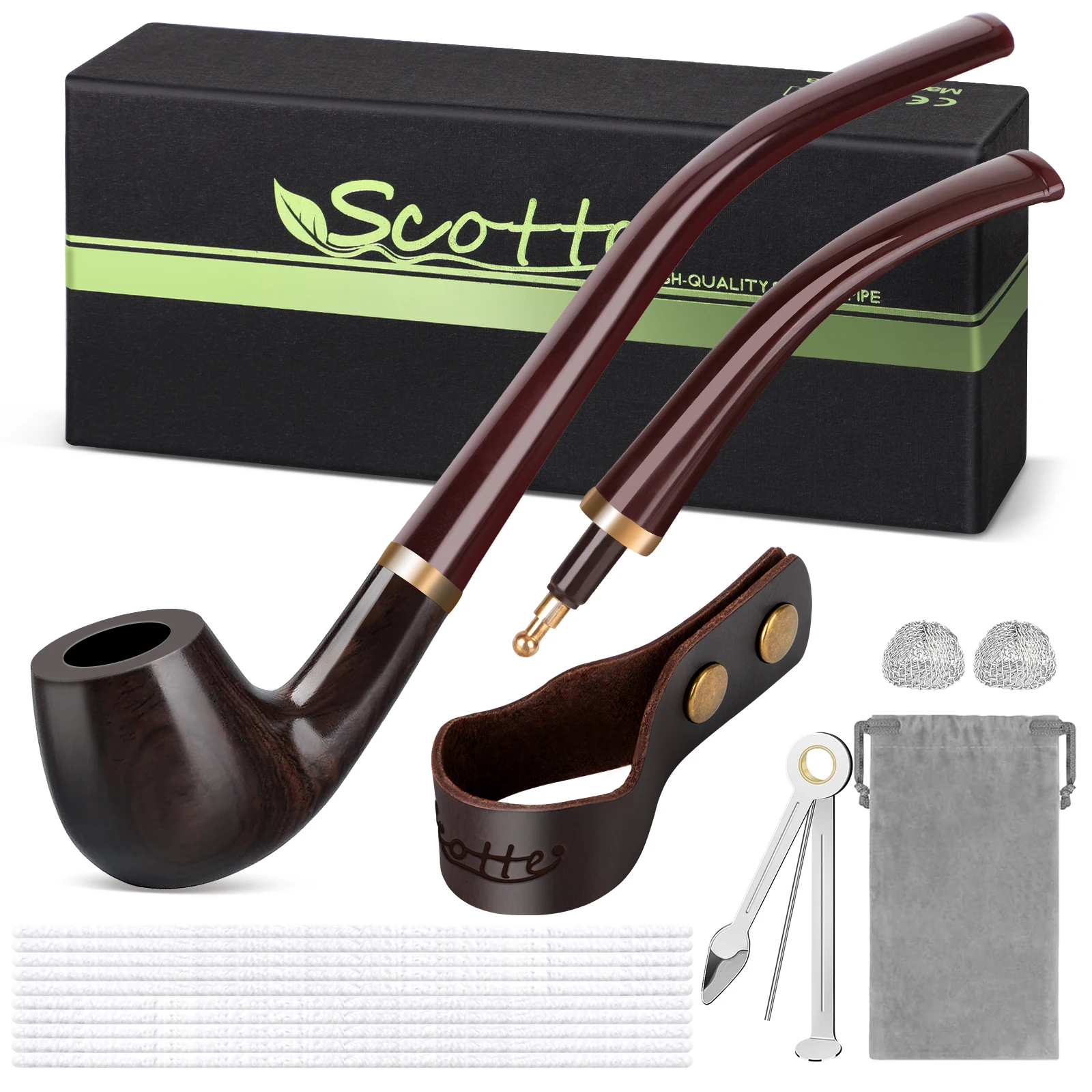 Scotte Handmade Pipe with Replaceable Stem Pipe Stand Cleaner Tools Various Accessories Kit in Gift Box for Pipe Lovers for herb smoking pipe,tobacco pipe,smoking pipe,tobacco smoking accessories,smoking accessories
