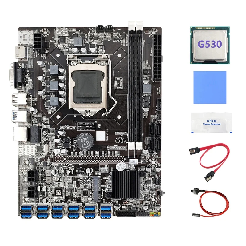 B75 ETH Mining Motherboard 12 PCIE To USB+G530 CPU+Switch Cable+SATA Cable+Thermal Grease+Thermal Pad B75 Motherboard budget gaming pc motherboard