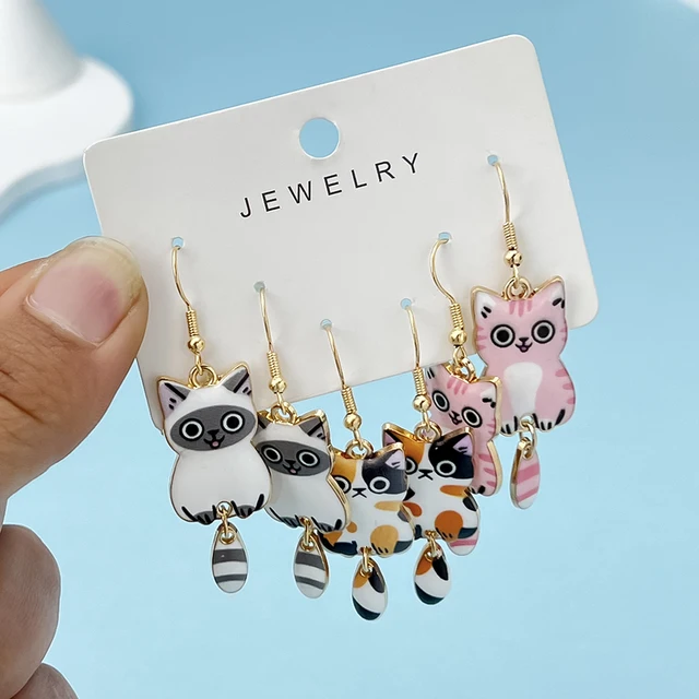 3 Pairs New Fun and Cute Enamel Alloy Hanging Tail Cat Dangle Earrings Colored Cat Ear Jewelry Set Lovely Gift For Women Girls 5