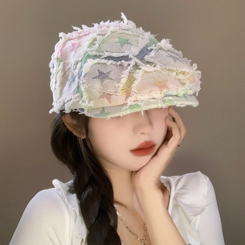 

Korean Ins Fashion Hole Colorful Forward Hats for Women Spring Summer Retro Niche Design Show Face Small Berets Caps Y2k