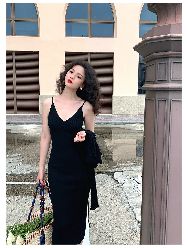 Vintage Chic Knitted 2-piece Dress Set Women Crop Cardigan V-neck Spaghetti Strap Bodycon Midi Dress Autumn New Female Clothing