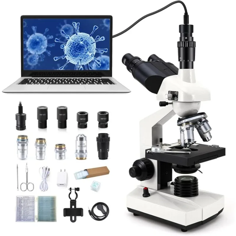 

40X-5000X Compound trinocular Microscopes trinocular fo Adults, with 5.0 mp Camera with Microscope Slides 30p