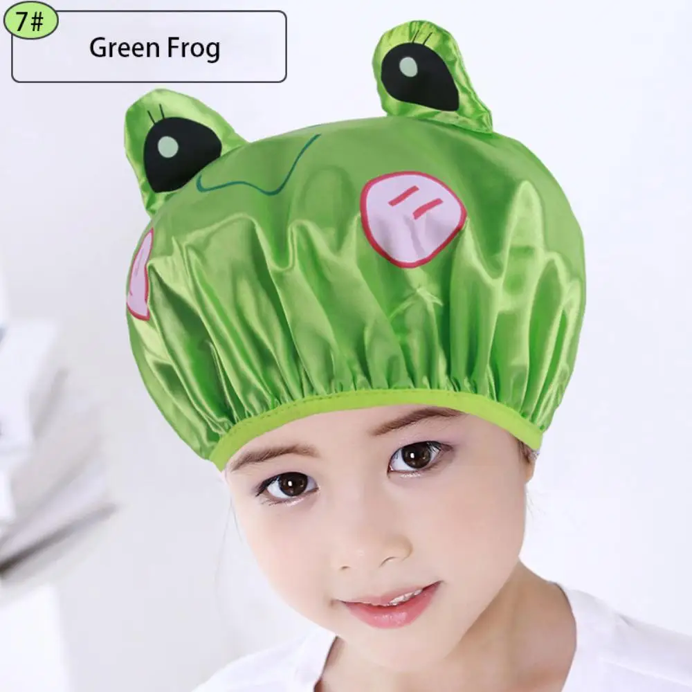 Children's Cartoon Shower Cap Double-layer Waterproof Material Cute Frog Print Satin Washing Cap Bath Head Cover Shower hair wash hat shampoo shower cap