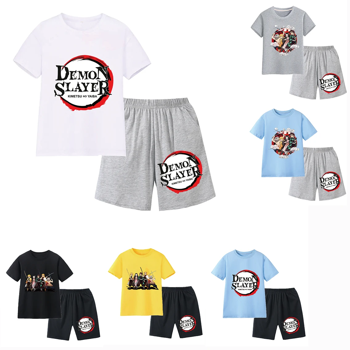 

Girls Boys Summer Short sleeve print Demon Slayer Kids Sports T Shirt +Pants 2-piece Set Baby Clothing Comfortable Outfits