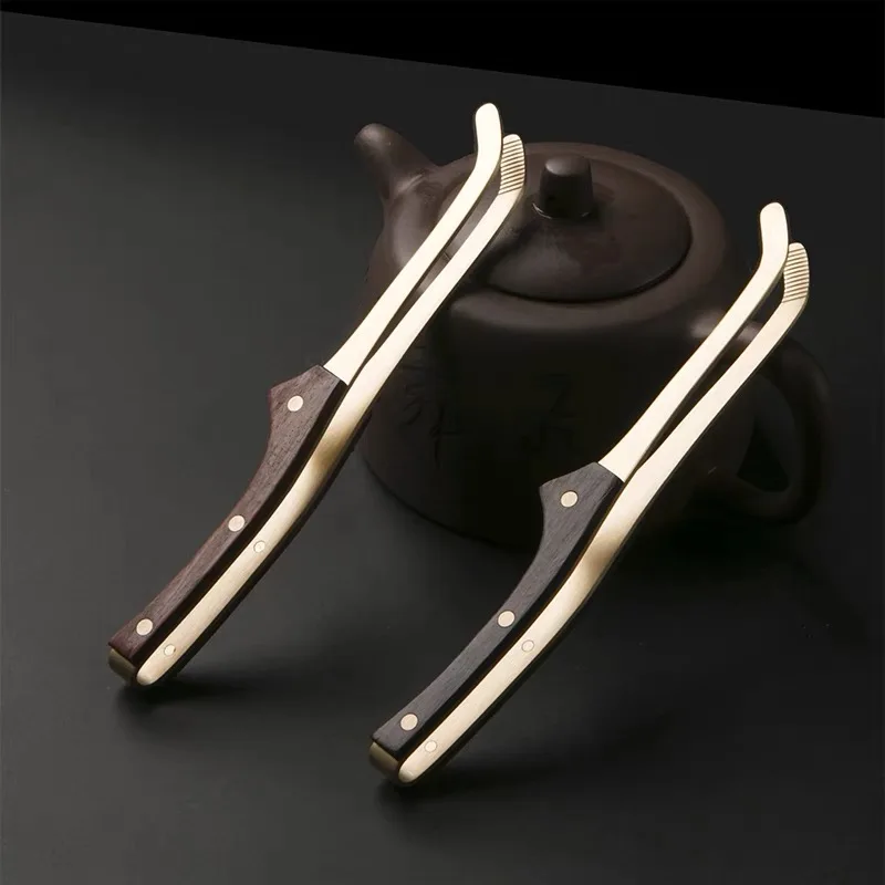 17cm Anti-hot Wood Copper Tea Clip Non-Slip Tea Set Tweezers Ceremony Accessories Household Supplies Wooden Tongs