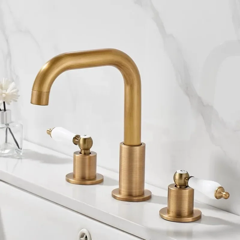 Description Picture 4 of itemAntique Bronze Bathroom Basin Brass Sink 3 Hole Double Handle Hot & Cold Wash Faucet Water Tap