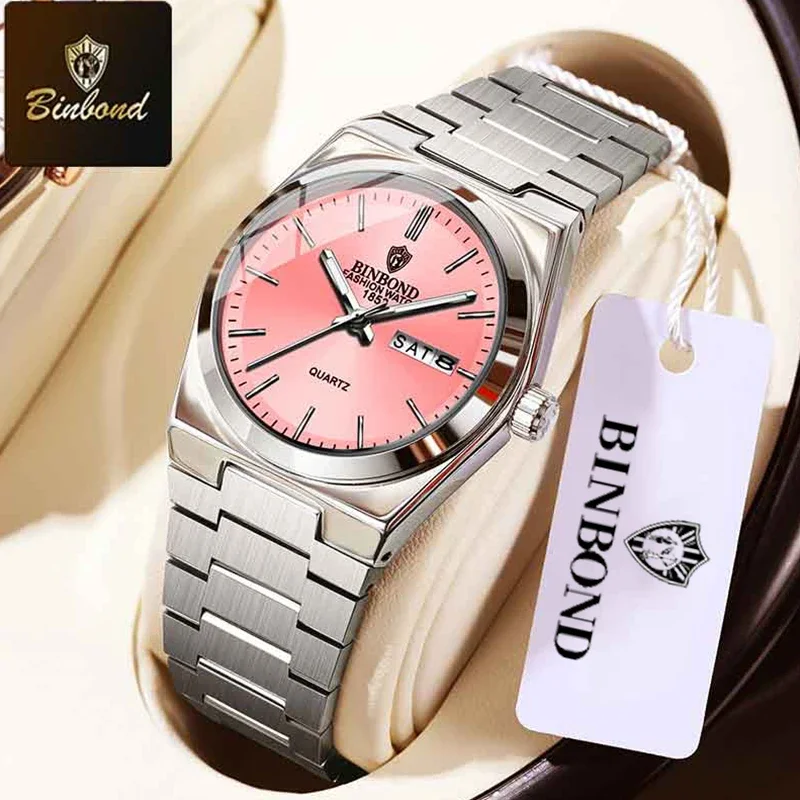 Elegant Women's Stainless Steel Waterproof Quartz Watch with Luminous Hands and Calendar