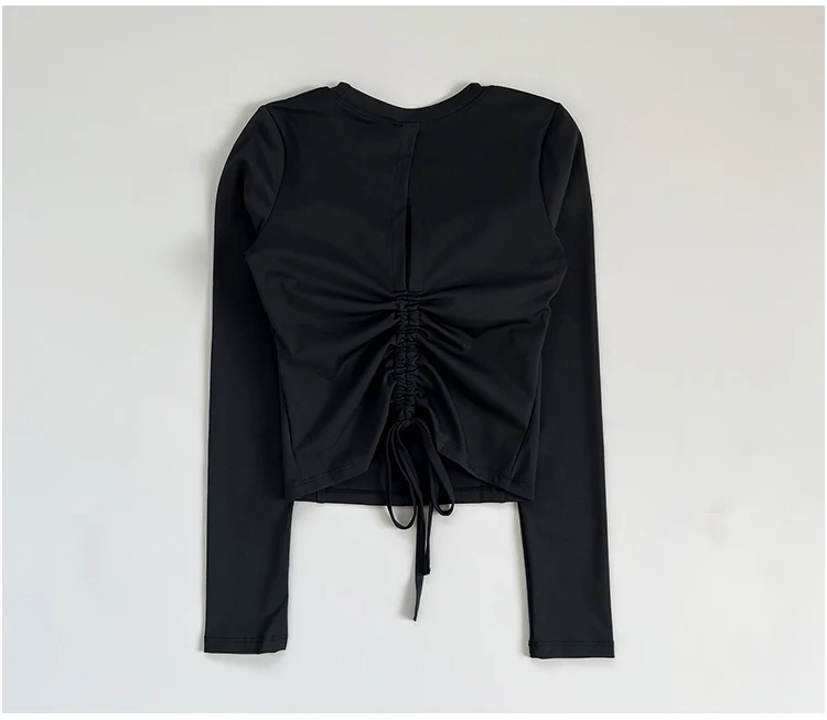 Exquisites, rückenfreies, sexy Sport-Top für Damen mit Brustpolster, Fitness-Pilates-Yoga-Anzug mit Kordelzug, langärmlig, schmal geschnitten – Detail 16