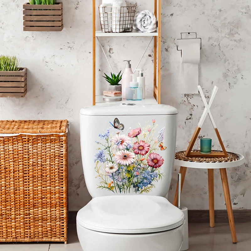 Bathroom Toilet Flower Stickers Minimalist Butterfly Flower Pattern Self-adhesive Paintings Bathroom Living Decorations 1PCS
