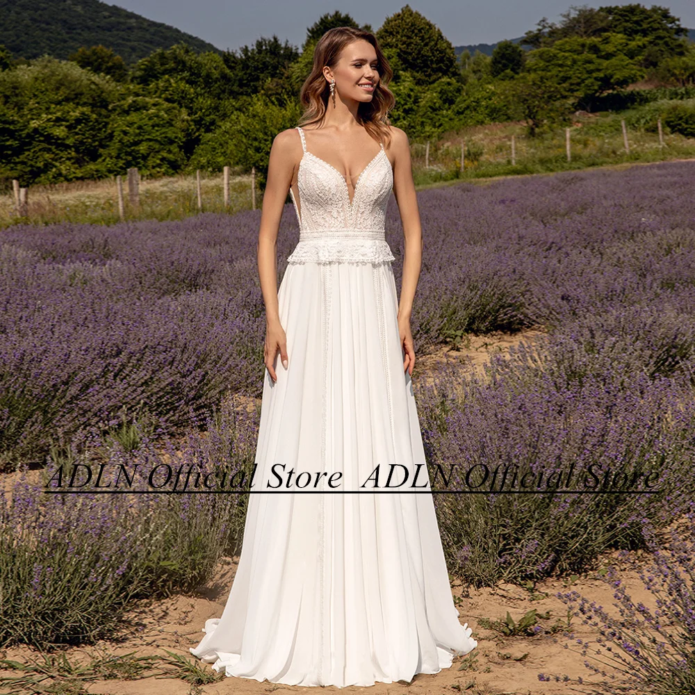 

ADLN Sexy Summer Wedding Dress V Neck Spaghetti Straps Lace Applique Backless Sweep Train Chiffon A Line Bridal Gown Robe Mariee