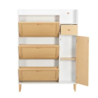 Шкаф для обуви из деревянной ткани из ротанга для узких вход, 3 наклонных двери, 1 ящика, ножки из массива дерева и ручки — изображение 4