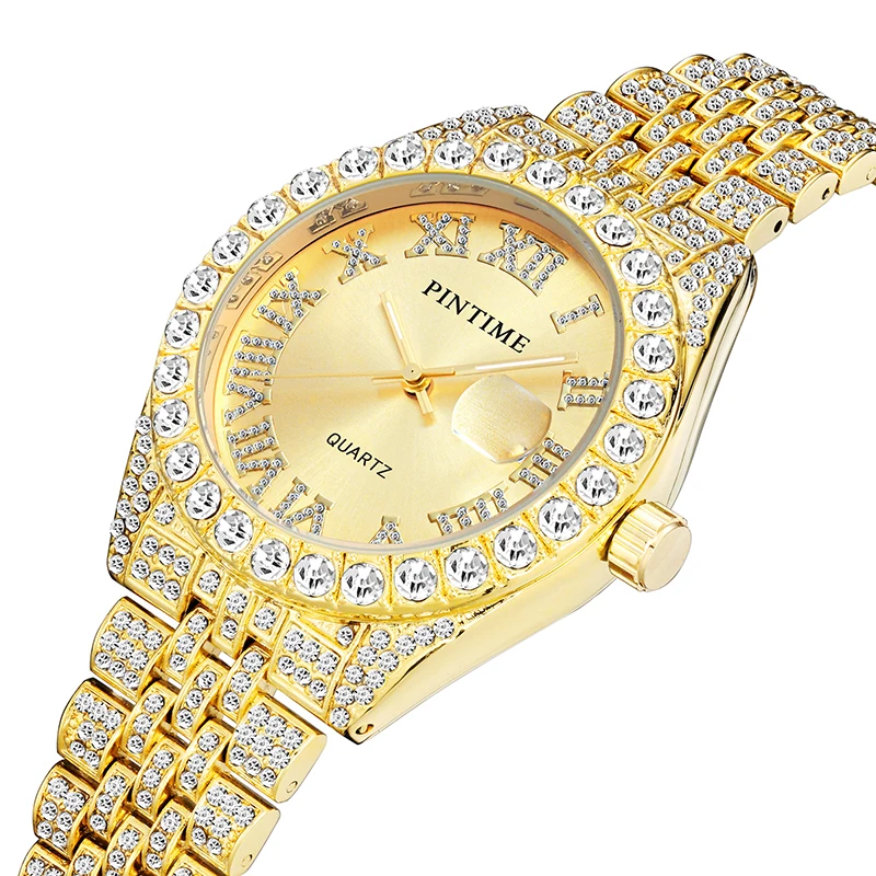 Topmærke PINTIME Starry Sky Star Dust Diamond Watch Quartz Gold Hip Hop Bling Iced Out ure Herre_voghion.com
