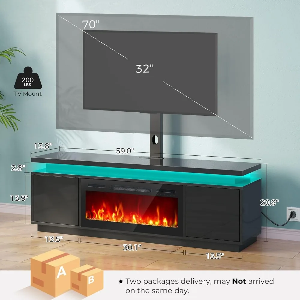 Fireplace TV Stand with Led Lights and Power Outlets, TV Stand Mount with 30" Electric Fireplace, Modern TV Console 5