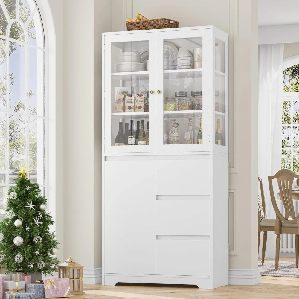 71" Large Bookcase with Glass Display Cabinet and 3 Tier Wide Book Shelves, Tall Bookshelf with 3 Storage Drawers,China Cabinet 3