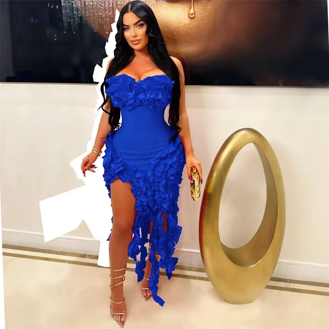 Robe d'anniversaire élégante à volants et franges pour femmes, tenue de soirée longue de célébrité, irrégulière, sans bretelles, sans manches, 2024