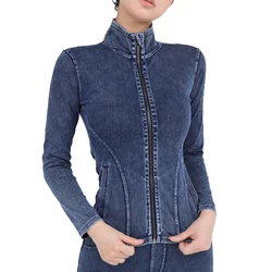 Women's Full Zip Athletic Yoga Jacket Stretch Denim Coat Workout Running Track Sportwear Slim Fit Long Sleeve Gym Top