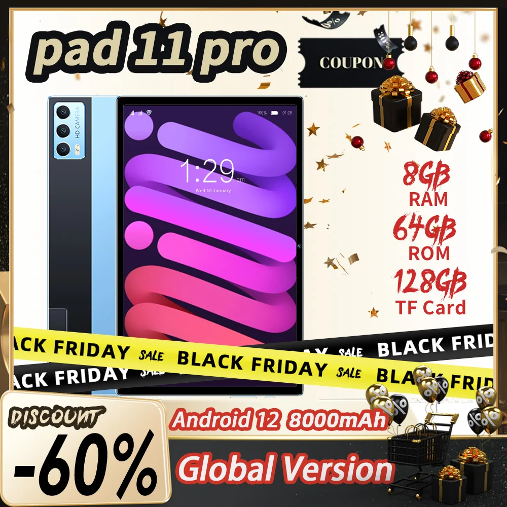 

2023 Original 5G Tablet Pad 11 Pro Android 12 10 Core 512GB ROM 10.1" FHD Display Dual SIM Card Slot 8000mAh Large Battery