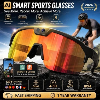 Nuovi Occhiali Smart AI da Uomo con Fotocamera 800W, Registrazione Vlog 1200P, Doppia 4K Anti-vibrazione, per Ciclismo e Riprese, Occhiali da Sole Sportivi