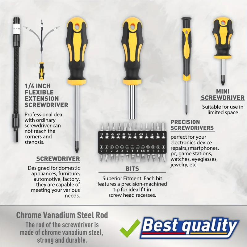 43pcs Magnetic Screwdriver Set With Slotted, Phillips, Hex, And Precision Bits, Chrome Vanadium Steel, With Demagnetizer Tool 4