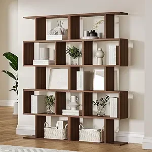 White 5-Tier Geometric Bookcase, S-Shaped Modern Bookshelf Set of 2, 62.6" Tall Room Divider Book Shelf, Decorative Display Shel