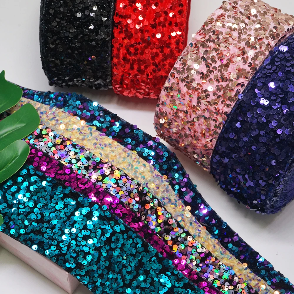 3 inch 75mm 38mm Sequin Velvet Ribbon DIY Holiday Cheer Hair Bow Material Handmade Deco Accessories satin ribbons,ribbon decoration,ribbon supplies,sequins ribbon