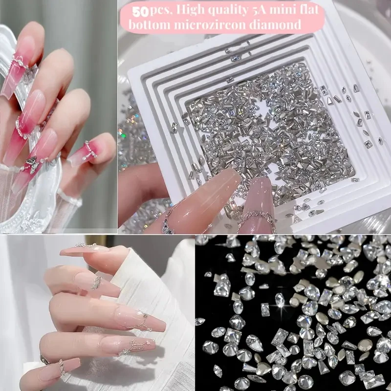 50PCS 스파클 화이트 5A 지르콘 모따기 미니 크리스탈 다이아몬드 광장 Rect 타원형 네일 아트 라인 석 장식 매니큐어 매력