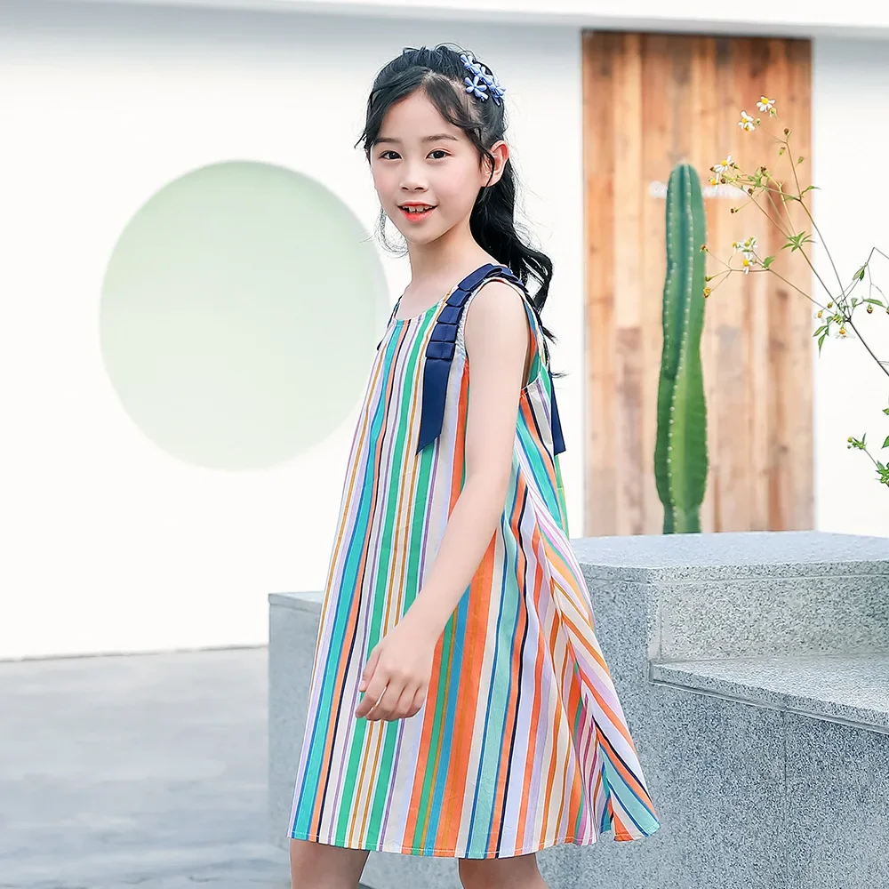 Children Summer Sleeveless Striped Beach Dress New Teen Girls Korean Style Princess Clothing Cotton Casual, #9441