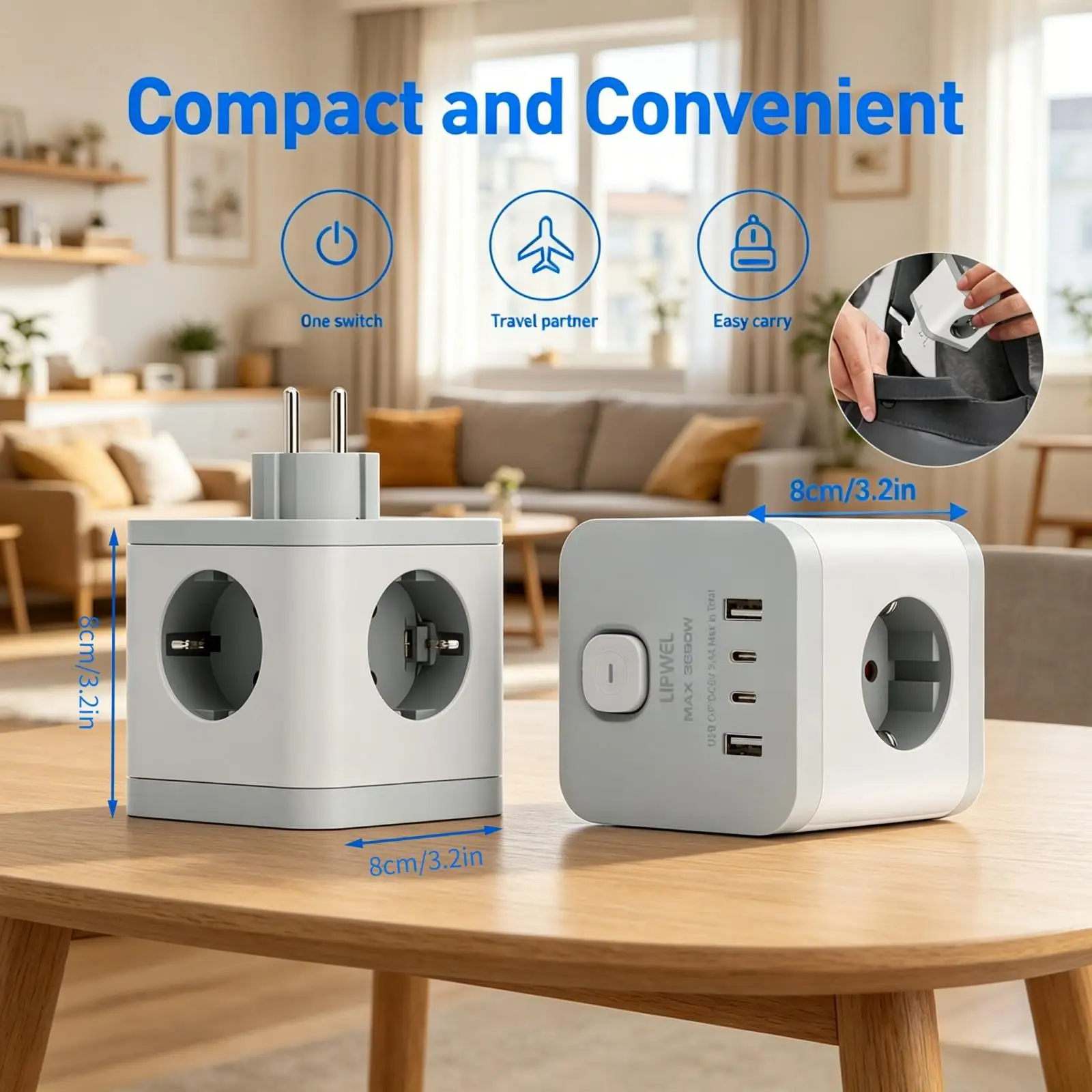 Universal Multi-Function Power Adapter with USB Ports - Compact Cube for International Travel and Home Use, White/Black
