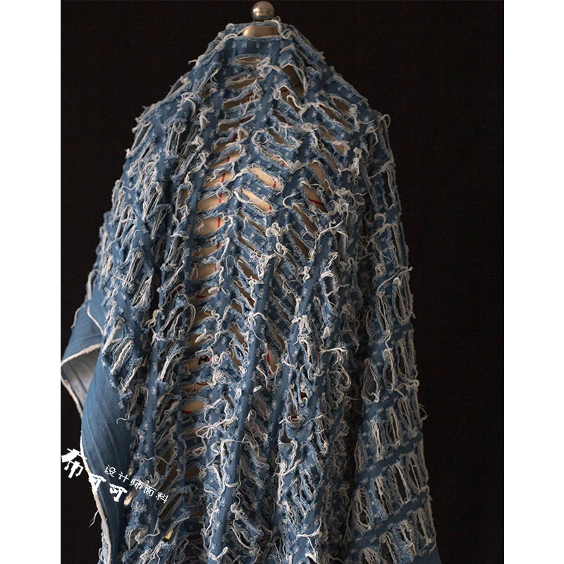 Blue and White Ripped Creative Denim Fabric Broken and Reconstructed Hollow Fabric See-through Jacquard Tassel