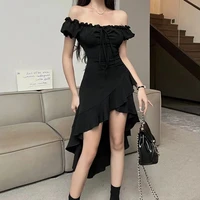 Summer Black A-LINE Dress Women Streetwear Sexy Off Shoulder Short Sleeves Ruffled Mid Length Dresses Club Elegant Partywear - Image 5