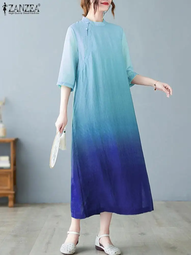 

ZANZEA Party Summer Dress Chinese Style Cheongsam Dress Vintage Gradient Printing Midi Sundress Fashion Women Stand Collar Robe