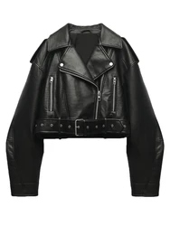 Women's Faux Leather Jacket - Casual Lapel Zipper Short Coat - S (Black)