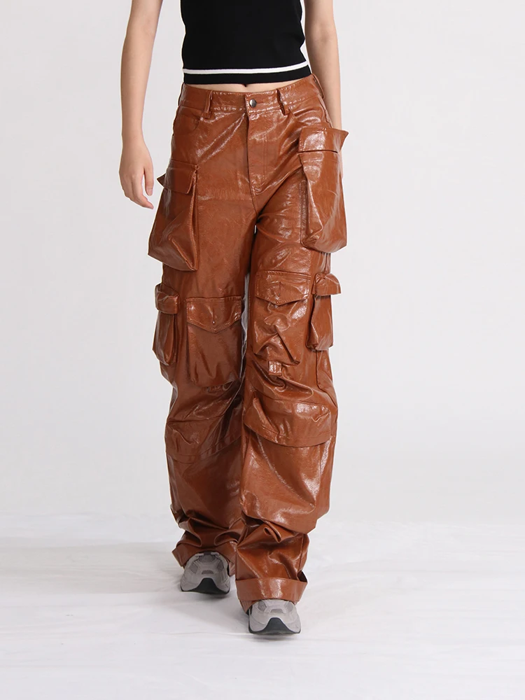 TWOTWINSTYLE Patchwork Pockets Leather Pants For Women High Waist