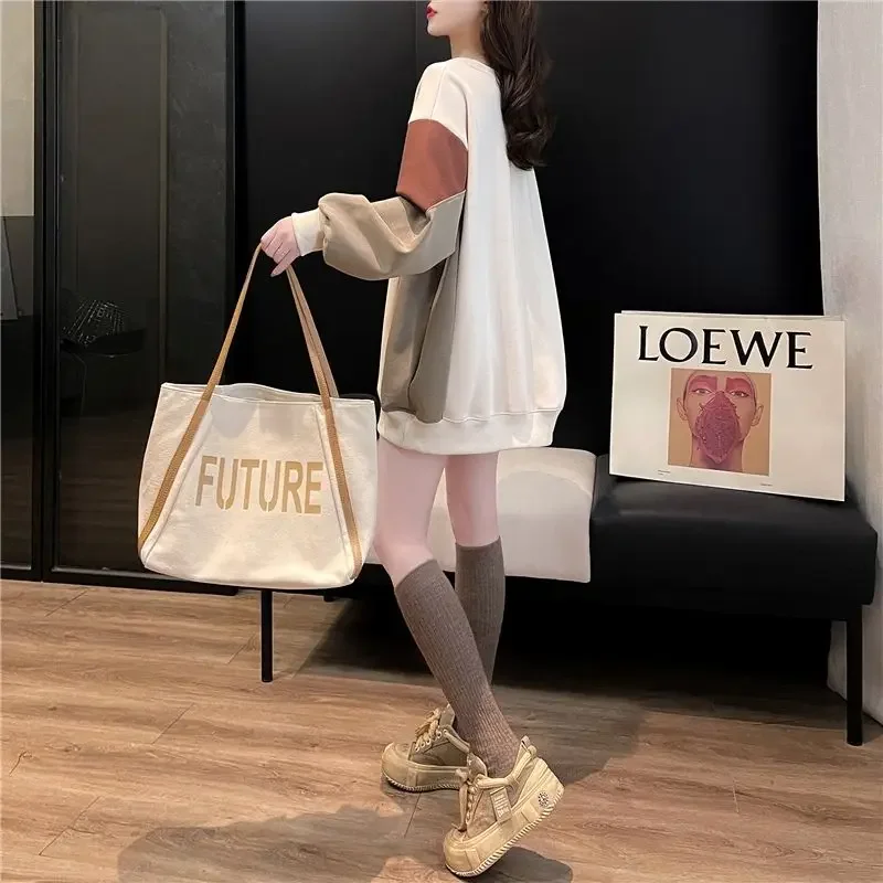 Women's Autumn and Winter New Fashion Elegant Round Neck Pullover Print Panel Casual Long Sleeve Loose Sweater Mid Length Tops