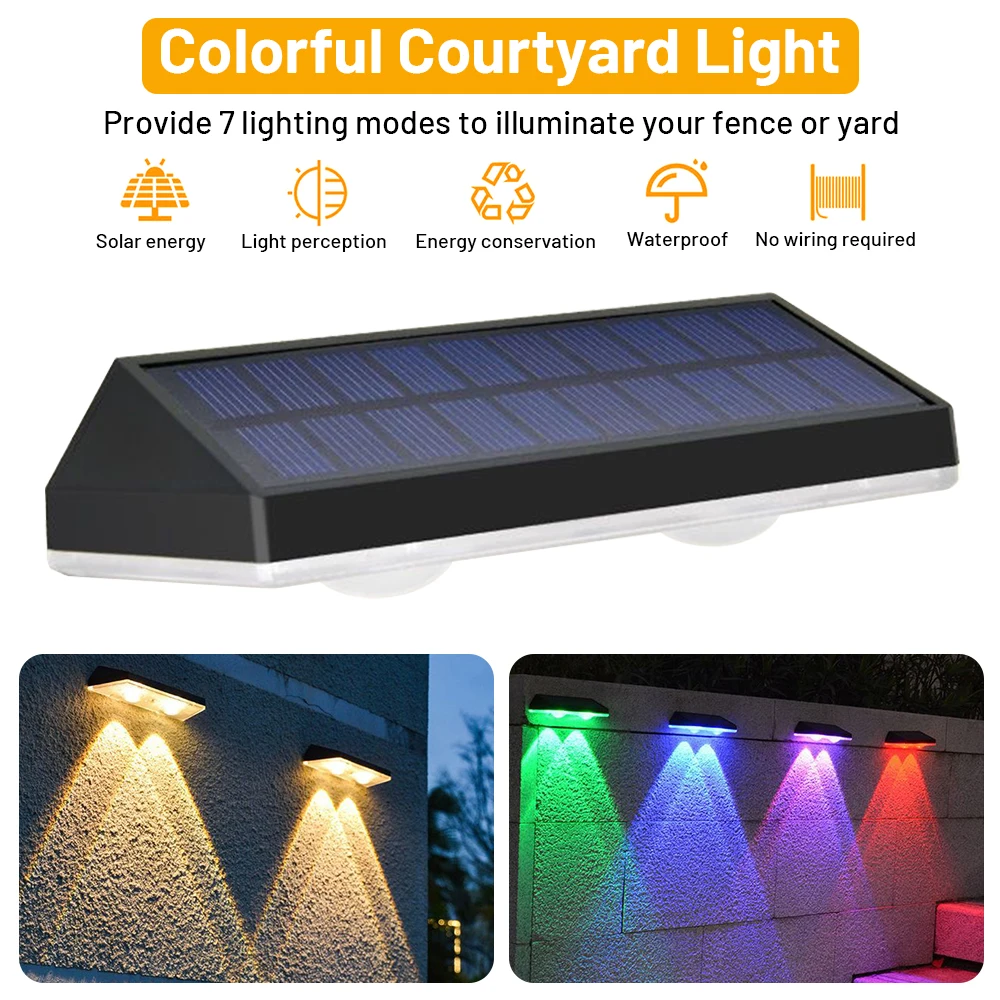 2PCS LED Solar Wall Lamp RGB Outdoor Waterproof Solar Charging Wall Fence Light Garden Balcony Landscape Decoration Lighting