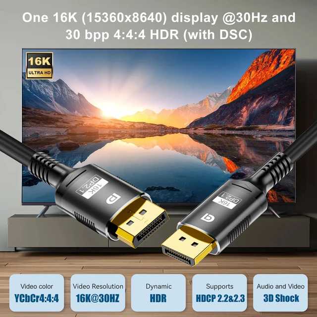 Câble DisplayPort 2.1 16K 30Hz 40Gbps 3D Dynamic HDR Mâle Vers