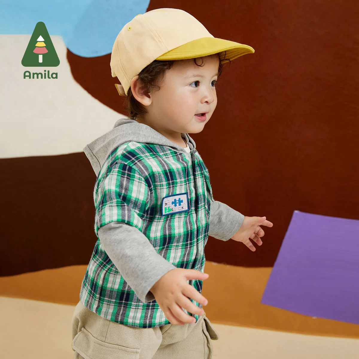 Amila Baby Boys Autumn New Fake Two Lrregular Pocket Design Theme Printing Frosted Plaid Shirt Warm Fashion Sleeve Children